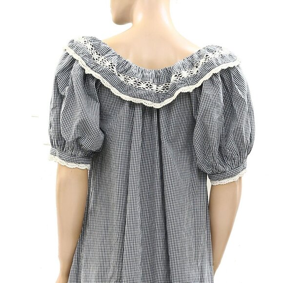 Doen Crochet Embroidered Lace Midi Dress Plaid Check Printed Ruffle XS - Picture 4 of 5